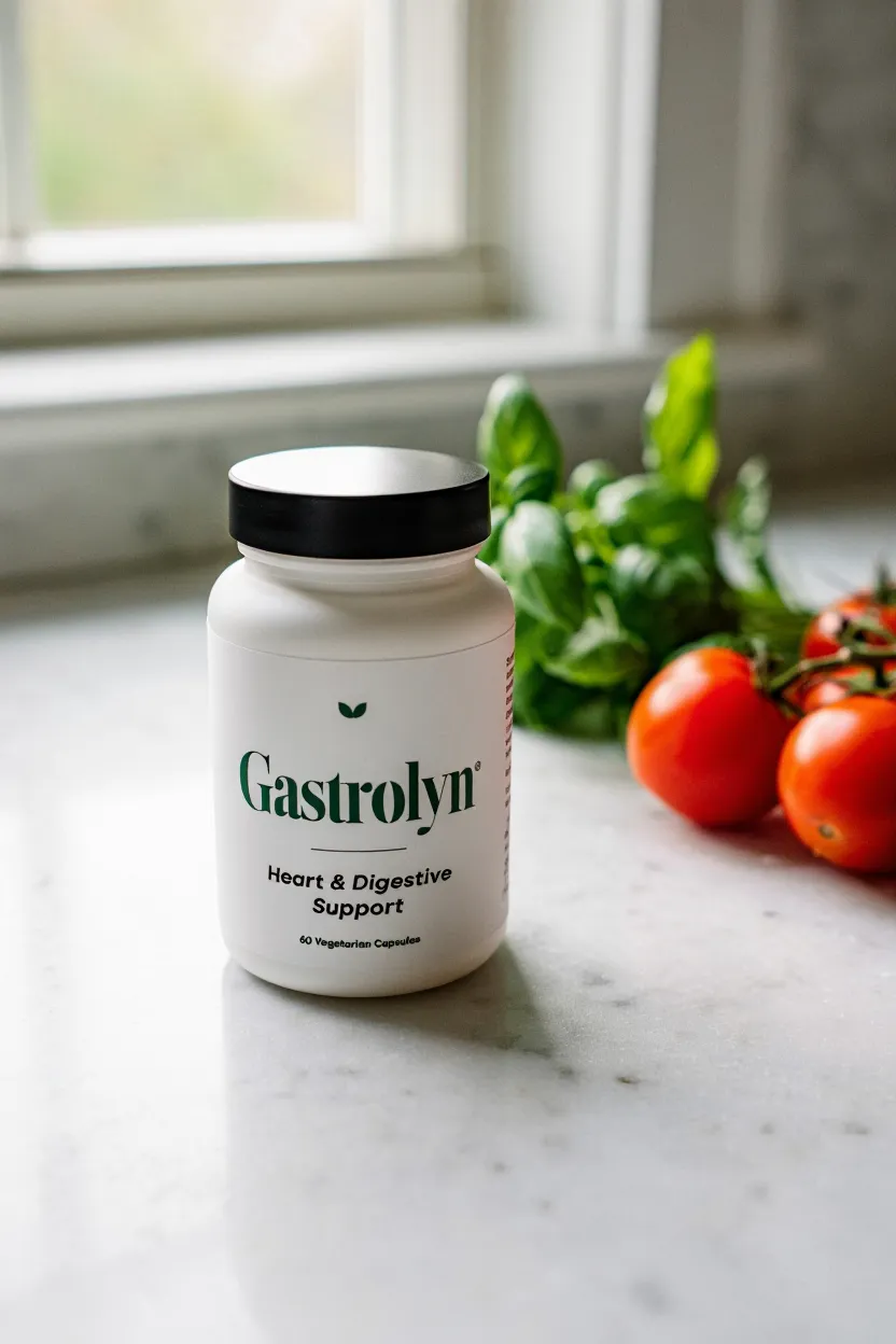 Gastrolyn supplement bottle with natural ingredients for heart and digestive support